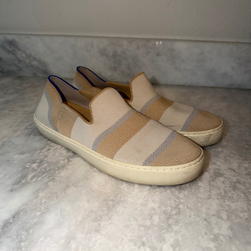 Rothys The Sneaker Sandstone Stripe Slip On Knit Shoes Tan Cream 8.5